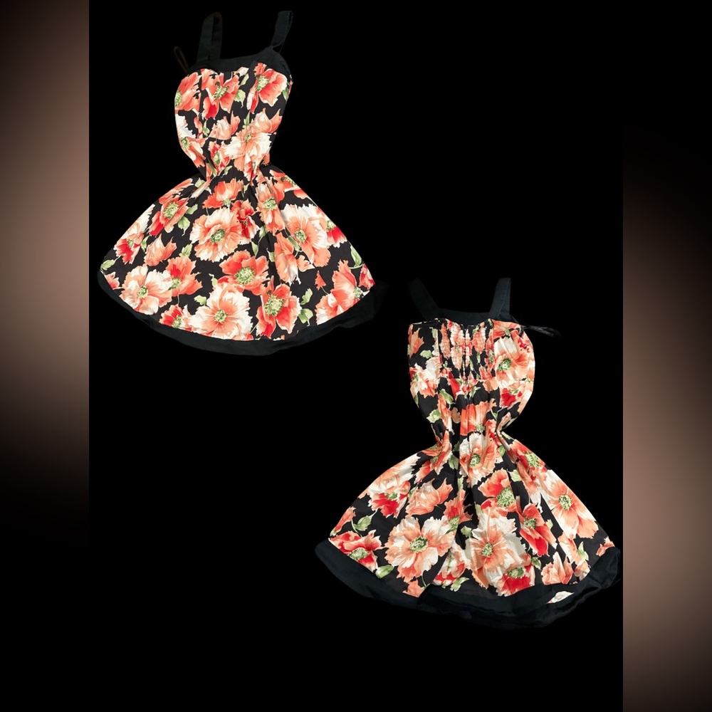 Vintage Black Coral Floral Smocked Bodice Fit & Flare Dress